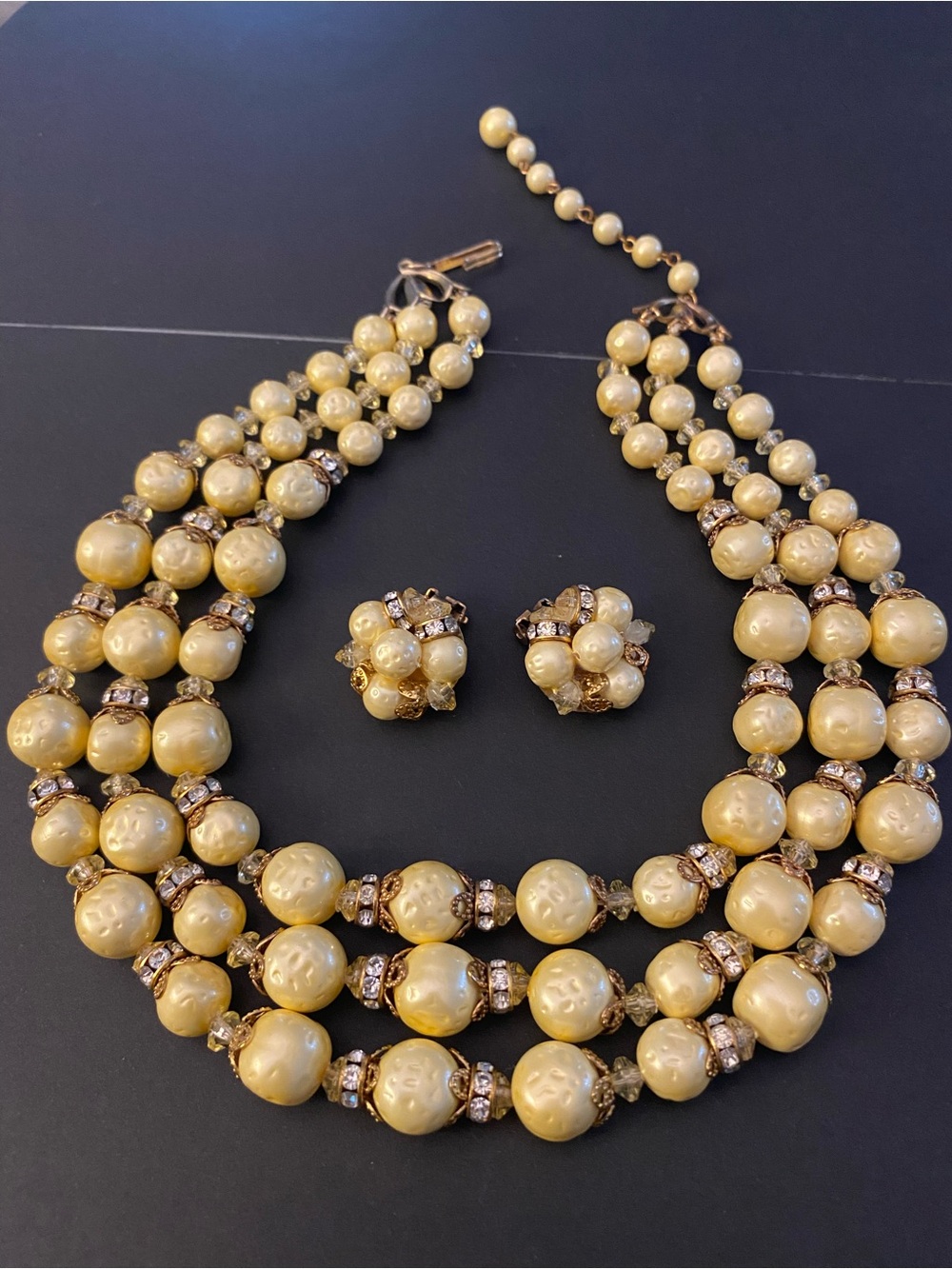 1950s MCM 3-strand Baroque Pearl Gold Rhinestone Necklace & Clip-On Earring Set